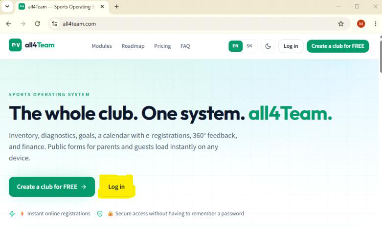 Otvorte web a kliknite na Prihlásiť sa
